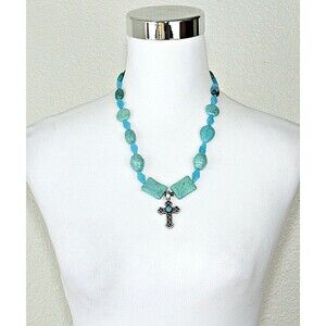 Handmade Cross Pendant Necklace Howlite Turquoise Stone & Blue Glass Beads